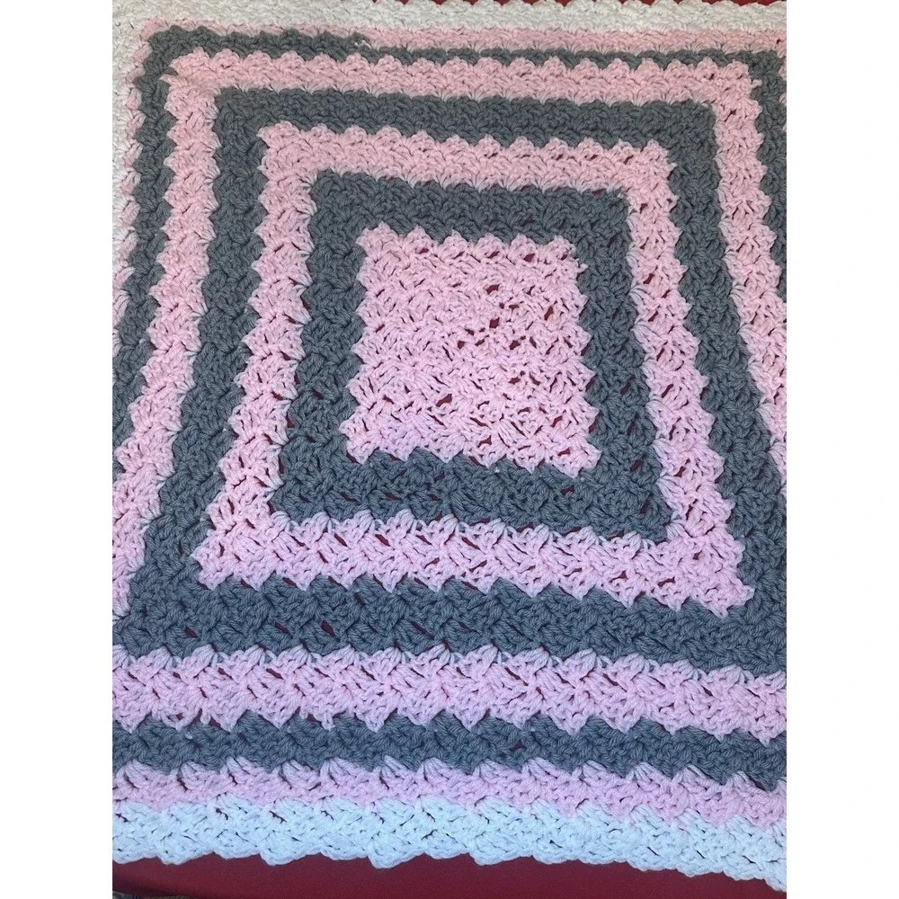 Crocheted Lap Blanket White Pink Gray